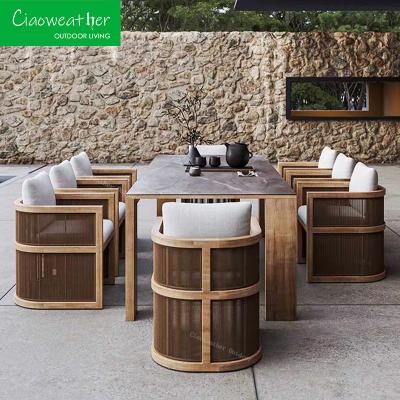 China Modern Outdoor Teak Wood Furniture Dining Table and Chair Set with Waterproof Upholstery for sale