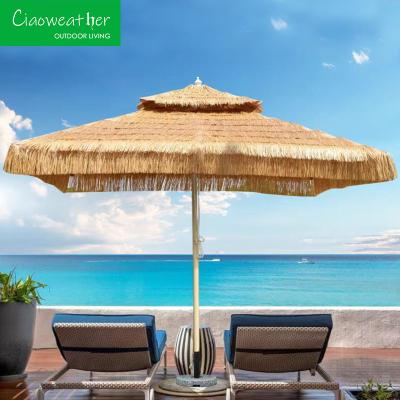 China Grote winddichte Hawaiian Parasol Houten gekleurde stalen paal Tiki Thatch Beach Outdoor balkon paraplu voor vrijetijdsbesteding Te koop