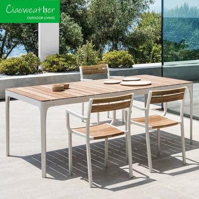 China Op maat gemaakte ontwerpen Luxe patio meubelset Eettafel van massief hout met tafelblad van teakhout en 6 stoelen van kunststof hout Te koop