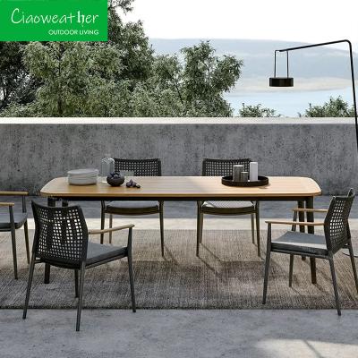 China Moderner Garten im Freien Restaurant Terrasse Esstische und Stühle Aluminium Esstische mit PE Rattan Set zu verkaufen