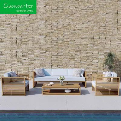 China Outdoor patio meubels Tuin teakhouten bank set met originele set type en waterbestendige stof kussen Te koop