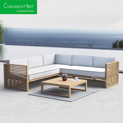 China Color personalizado Fuera Espuma Tejido resistente al agua Cushion Madera de teca Muebles de patio al aire libre Sofá de jardín impermeable de teca en venta