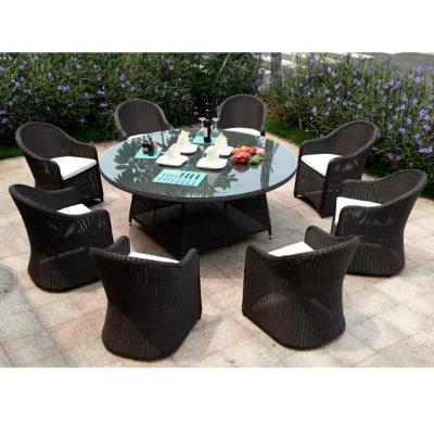 China Rattan Round Shaped Garden Dining Table Chairs Set with Waterproof Fabric Cushions and Aluminum Frame for sale