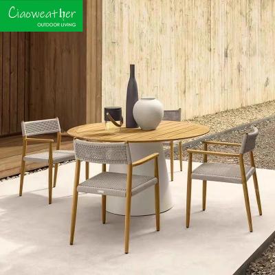 China Gepersonaliseerde kleurentuin Outdoor Luxe Teak hout Eetstoel Met touw weven armsteun Te koop