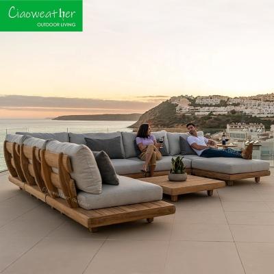 China Conjunto de jardín moderno de rattan para exteriores Muebles de patio de teca Cojín de espuma y tejido resistente al agua incluidos en venta