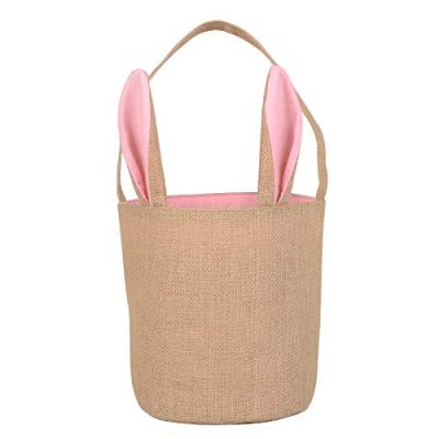 China Easter Gift Bags New Bulk Pink Kids Girl Soft Natural Burlap Bunny Rabbit Striped Easter Gift Basket Bag With Handle for sale