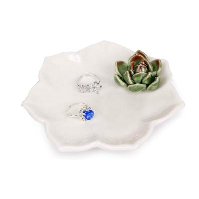 China Custom Ceramic Ring Holder with Succulents Decoration Jewelry Dish Trinket Tray Necklace and Earring Holder for sale