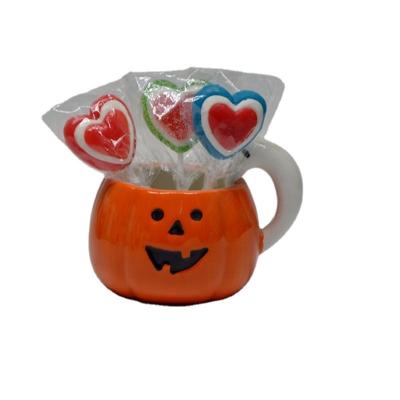 China Sustainable Custom Ceramic Pumpkin Mug Mug With Ghost Handle For Halloween Candy Storage for sale