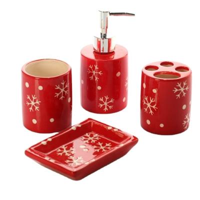 China Christmas Sustainable Custom Set Of 4 Ceramic Bath Accessories Set Classic Red for sale