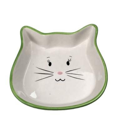 China Sustainable Custom Cute Ceramic Cat Bowl Dish With Lovely Printing Green / Pink / White for sale