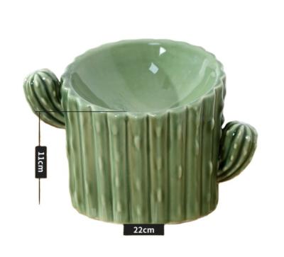 China Green and White Design Ceramic Cat Cactus Stocked Feeding Bowl, Ceramic Cat and Dog Food Bowl, Ceramic Cat Feeder for sale