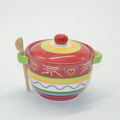 China Viable Hand Painted Double Handled Ceramic Soup Bowl with Multicolored Spoon and Lid for sale