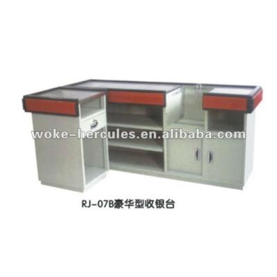 China Checkout Counter Deli Cashier Desk With Corner Shelf for sale