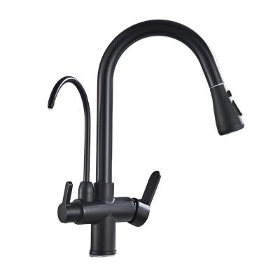 China Matte Black Pure Water Kitchen Faucet Spray Dual Handle Hot And Cold Drinking Water Pull Out Kitchen Mixer Taps for sale