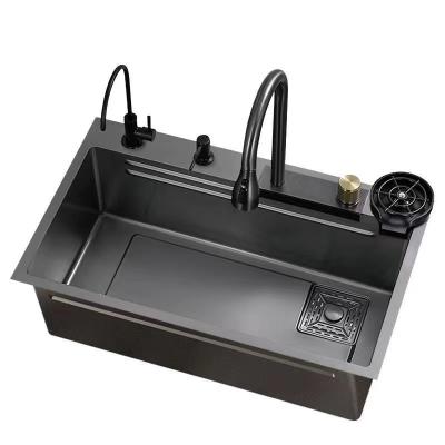 China Nano Black Step Kitchen Sink 304 Stainless Steel Handmade Above Mount Waterfall Faucet for sale