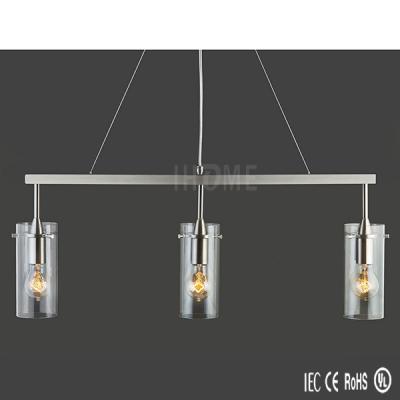 China Metal / Glass Shade Clear Glass Cylinder 3-Light Hanging Island Pendant Lamp Linear Light Fixture for sale