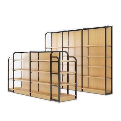 China Classic Double Sided Grocery Grain Display Rack Metal Supermarket Shelf Gondola Wooden Shelving High End for sale