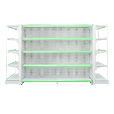 China 5-Tier Adjustable Metallic Supermarket Shelf Single Side 5-Tier Product Display Stands And Racks In White With Green Label-Racks Ideal For Pharmacy Shops for sale