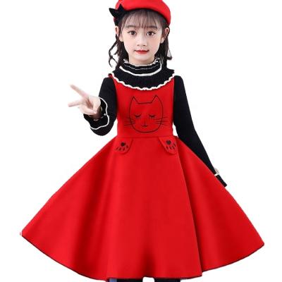 China Autumn Girl Solid Color Dress Set Girls Hat Dress Sweater Hot Fashion Casual Set Printing Cat Woolen Dress for sale