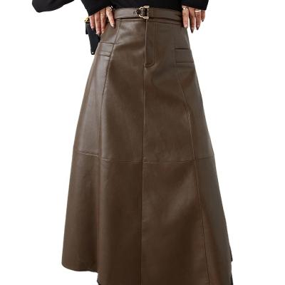 China Autumn and winter vintage high waist package anti-static skirt French mid-length fashion leather solid color PU leather temperament skirt for sale