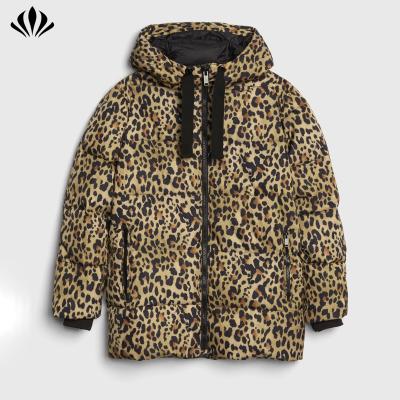 China Custom Made Viable Leopard Print Stripper Jacket With Hood Recycled Polyester Water Resistant Women Winter Jacket for sale