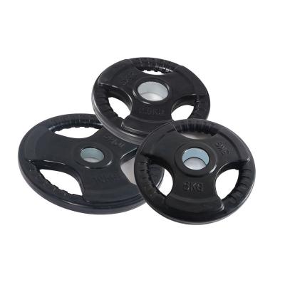 China Universal Wholesale Weight Plates Gym Weightlifting Plate Tri Grips Rubber Weight Dish for sale