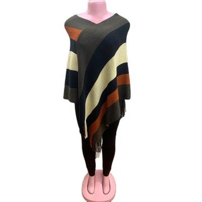 China 2021 Wholesale Women's Hot-selling Anti-wrinkle Geometric Block Diagonal Block Sweater Soft Knitted Tassel Fringe Cape Shawl Color Coat Sweater for sale