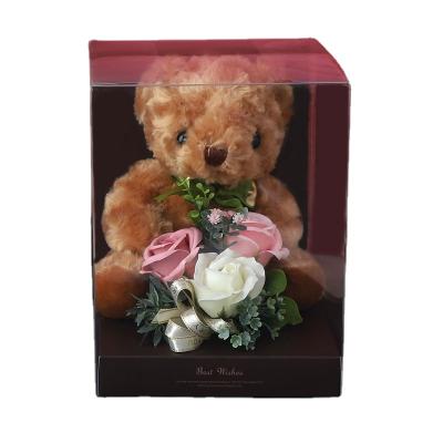 China Popular Good Smell Birthday Gift for Lover Handmade Soap Flower Rose Bouquet with Teddy Bear in PVC Gift Box for sale