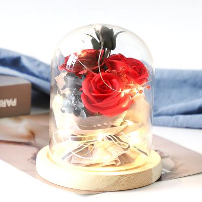 China Good Smell Artificial Mini Handmade Soap Rose Bouquet In Glass Dome Soap Rose Gift Factory Wholesale for sale