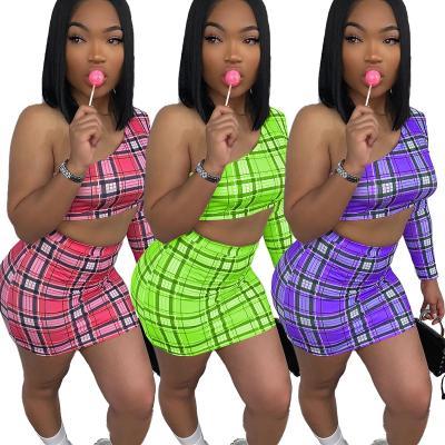 China New Arrivals QUICK DRY Fashion Plaid Sexy Women Single Shoulder Long Sleeve And Mini Shorts 2 Piece Skirt Outfits for sale