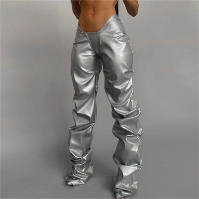 China New Fashion Street Wear Anti-Wrinkle Low Waist Women PU Leather Pants Sexy Stacked Trouser &Trousers for sale