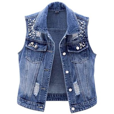 China Cheap Windproof Spring Outdoor Casual Bead Ripped Denim Vest Women's Denim Jacket Women for sale