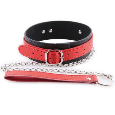 China Adult Bondage Restraints BDSM Games PU Leather Collar Leather Bondage With Leash Chain Red With Black for sale