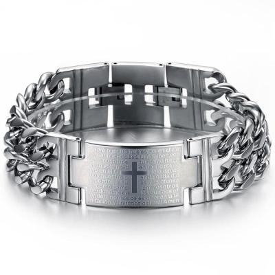 China CLASSIC Wholesale Gold Plated Trendy Classic Glossy Blank Spanish Bible Lord's Prayer Cross Stainless Steel Bracelet For Men for sale