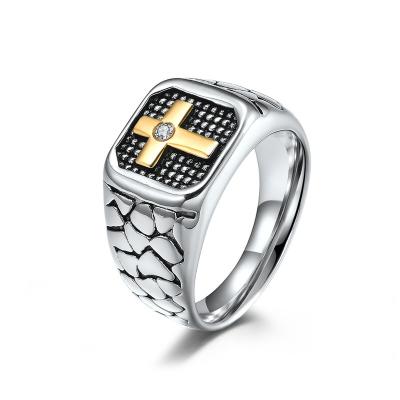 China CLASSIC 2022 Gothic Stainless Steel Retro Vintage Two Tone Gold Crystal Cross Men'S No Tarnish Finger Ring for sale