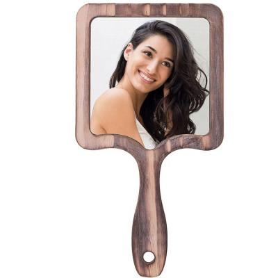 China New design 2022 amazon hot sales Cheap Wholesale Desk Small Handheld Wood Mirrors with Handle Hanging for Travel Tablet for bedroom for sale