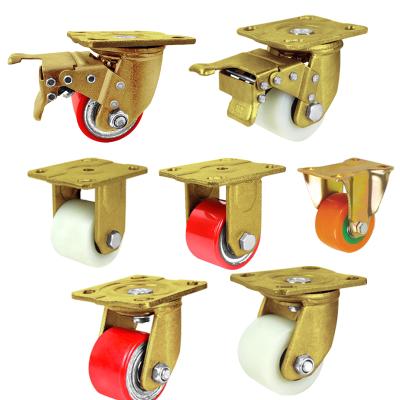 China Cart/Chair/Desk/Machine Weihang 3 Inch Rigid Heavy Duty Center Low Gravity PU Trolley Caster Retractable Golden Wheel 300kg for sale