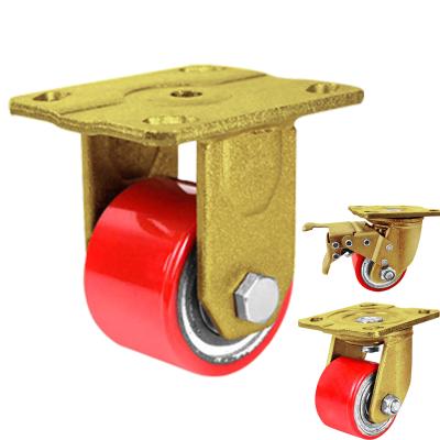 China Plate Weihang 3 Inch Rigid Heavy Duty Center Low Gravity PU Polyurethane Trolley Caster Retractable Gold Wheel 300kg for sale