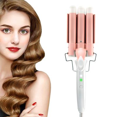 China Private Label Ceramic Triple Barrel Hair Curler Rollers Deep 3 Hesitate Big Wand Three Barrel Professional Curling Iron for sale