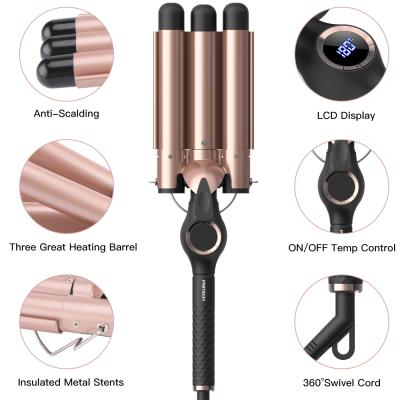 China NEW PRITECH 3 Barrel Ceramic Hair Curler Roller Price LCD Display Three Tube Curling Iron Wavy Professional Ceramic Hair Curler for sale