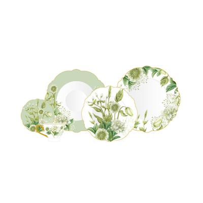 China Green Plant Gold Rim Porcelain Plate Dish Bowl Sustainable Ceramic Dinner Set Dinnerware Set for sale