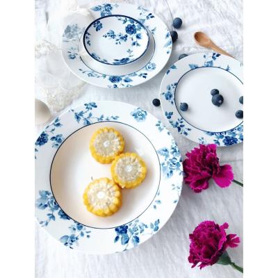 China Sustainable High Quality Blue Flower Dinnerware Set Ceramic Dishes Bowls Porcelain Dinner Set Of Cups for sale