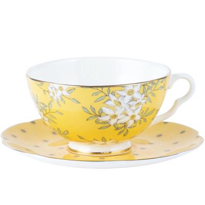 China Sustainable High End Golden Rim Yellow Flower Porcelain Coffee Cup Sets Dinner Ceramic Tea Cup Saucer Sets With Teapot for sale