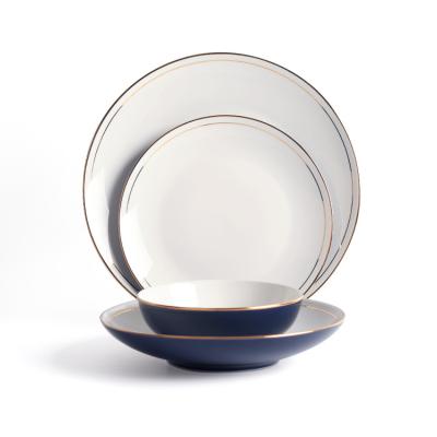 China Wholesale Dinner Plates Blue Dinnerware Sets Stocked Ceramic Dish Set With Gold Rim for sale