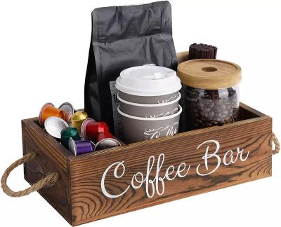 China Sustainable Wooden Box Brown Coffee Station Holder Coffee Accessories Organizer Coffee Bar Bin Box with Ropes for Drinks Bar Countertop for sale