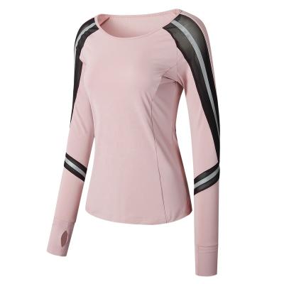 China Reflective Mesh Panel Crop Top Thumb Back Breathable Custom Yoga Long Sleeve Hole Fit Gym Top Sports Wear For Women for sale