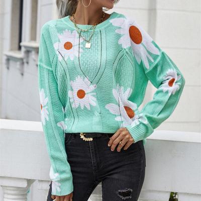 China Round Neck Women's Jacquard Women's Anti-Wrinkle Floral Knitwear Long Sleeve Knitted Loose Pullover Sweater Hollow Jumper Knitwear for sale