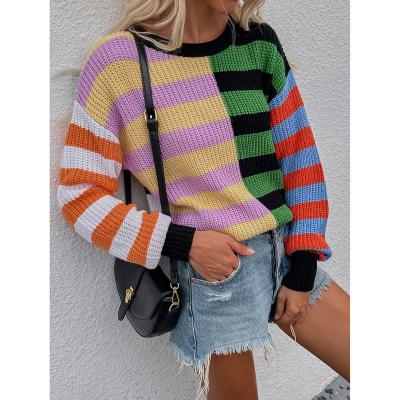 China Autumn Winter Casual Loose Knitted Stripe Women's Sweater Fashion Knitted Sweater Tops Anti-wrinkle O Neck Long Sleeve Sweater Tops for sale