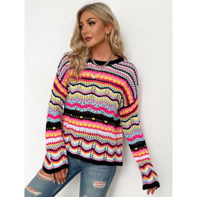 China Anti-Wrinkle Women Rainbow Sweater Multi Color Blocked Knitted Pullover Women Casual Flare Sleeve Hollow Out Sweater Fashion Jumper for sale