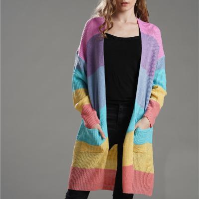 China Anti-wrinkle striped rainbow cardigan sweater women long knitted cardigan winter coat knitwear colorful sweater dresses for women for sale